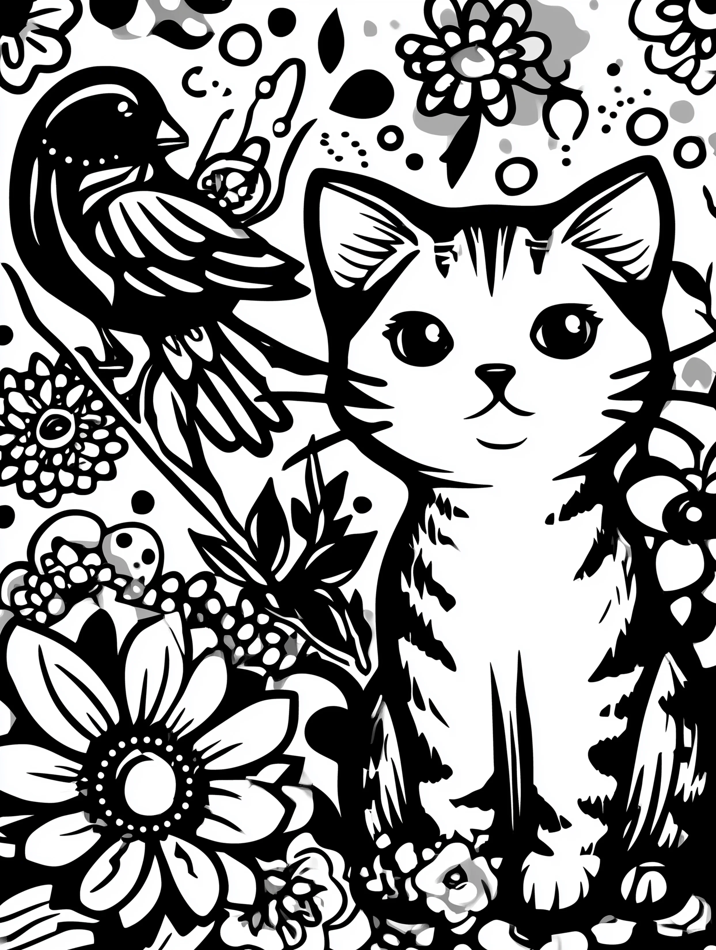 Free printable coloring page for adults featuring a floral bird and cat design